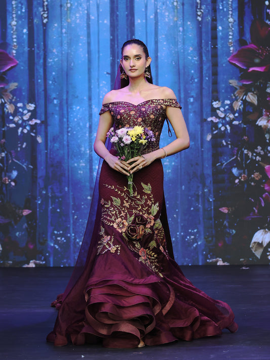 Primrose Maroon Gown with Veil