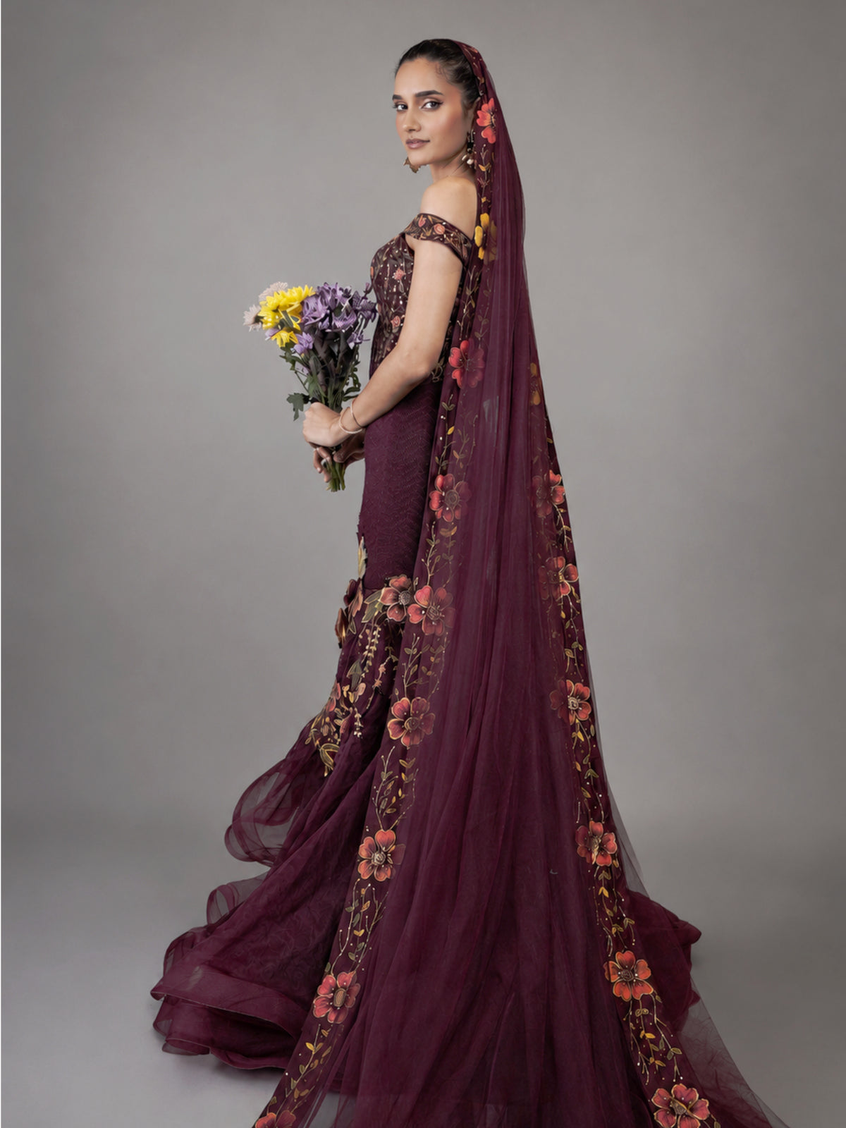Primrose Maroon Gown with Veil
