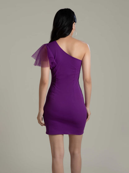 Grape One Shoulder Net Sleeve Dress