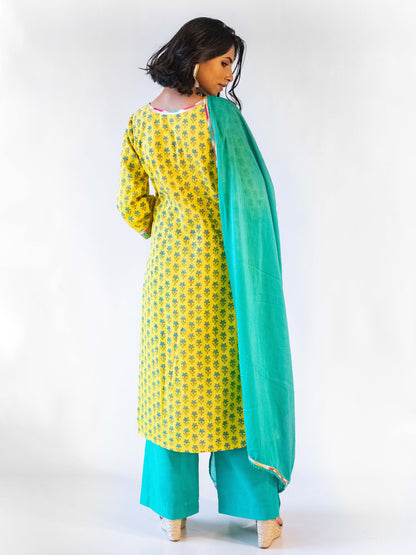 Nira Yellow Block Printed Suit