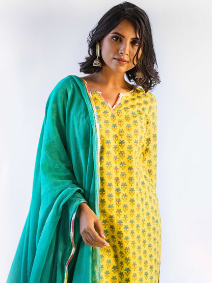 Nira Yellow Block Printed Suit